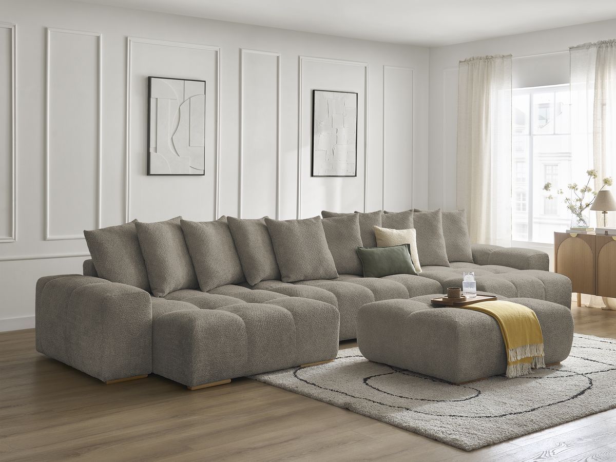 Bobochic Anakin Wohnlandschaft mit Pouf, 10 Kissen Bouclé-Stoff Taupe