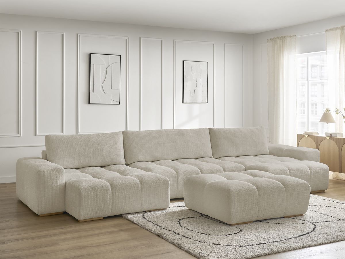 Bobochic Anakin Wohnlandschaft mit Pouf, Liegefläche 137 × 382 cm, 3 Kissen Strukturstoff Beige