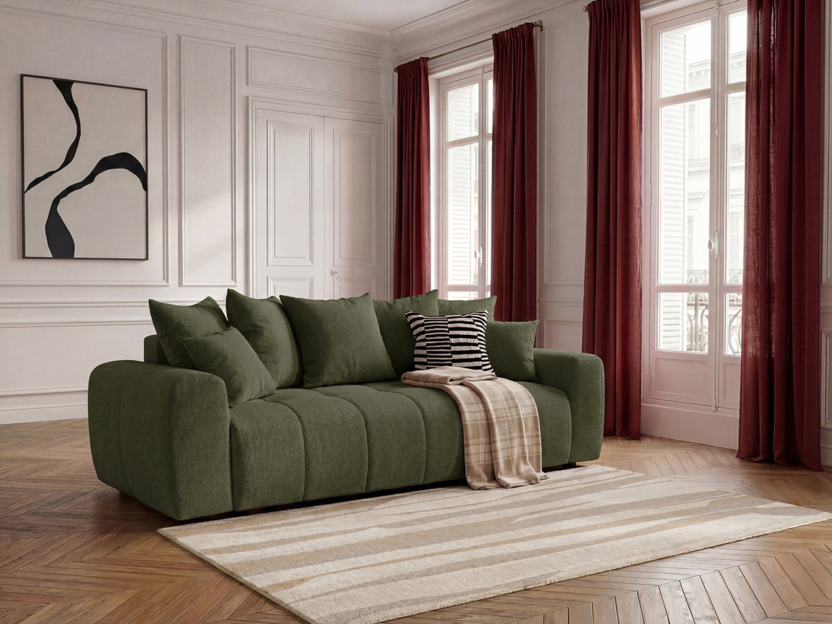 Bobochic Roxelane Schlafsofa 3-Sitzer mit Bettkasten Melange-Stoff Grün