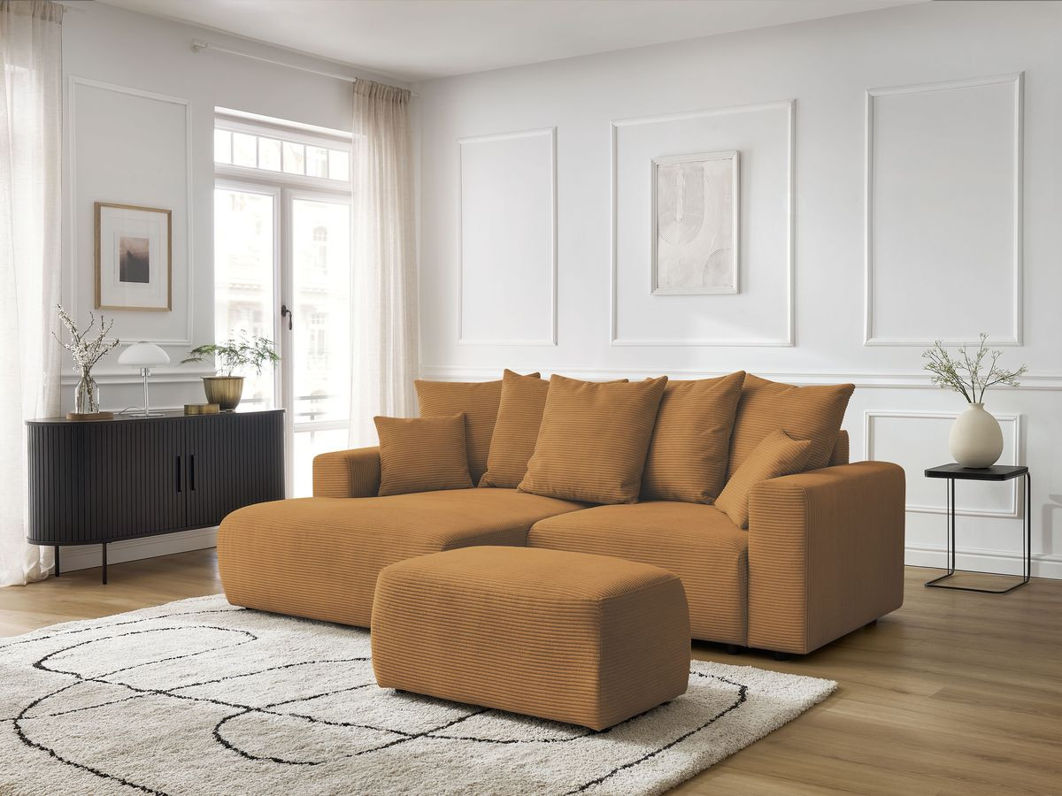 Bobochic Atilla Ecksofa mit Schlaffunktion und Bettkasten und Pouf Cordsamt Gelb Ecke links