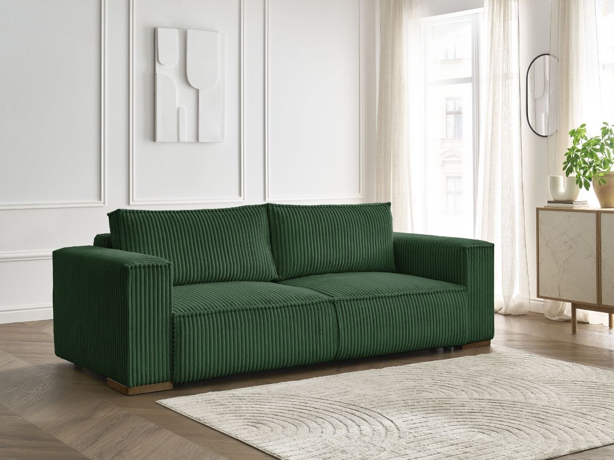 Bobochic Chelsea Schlafsofa 3-Sitzer mit Bettkasten Breitcord weich Grün