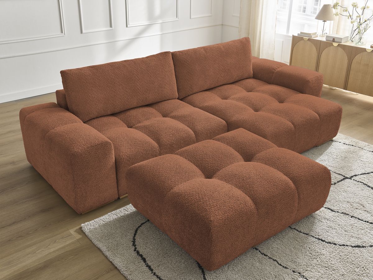 Bobochic Anakin Ecksofa mit Pouf, 2 Kissen Bouclé-Stoff Orange