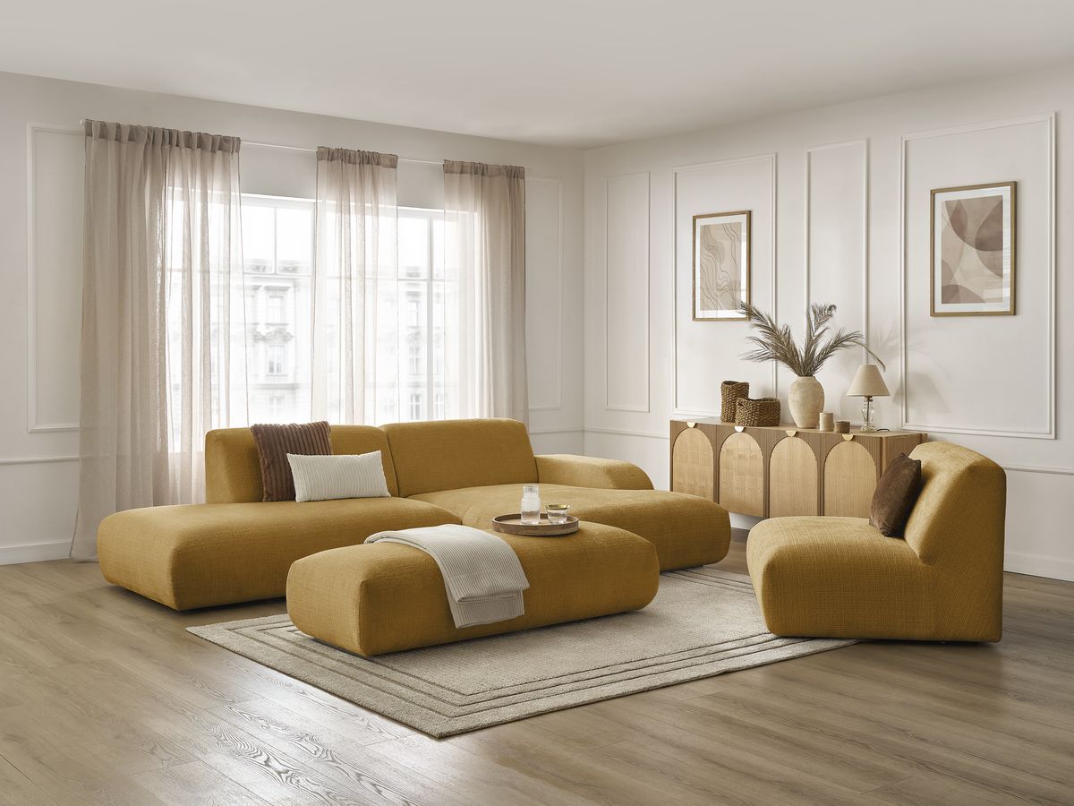 Bobochic Sirius Ecksofa mit Pouf 405 × 170 cm Strukturstoff Gelb Ecke rechts
