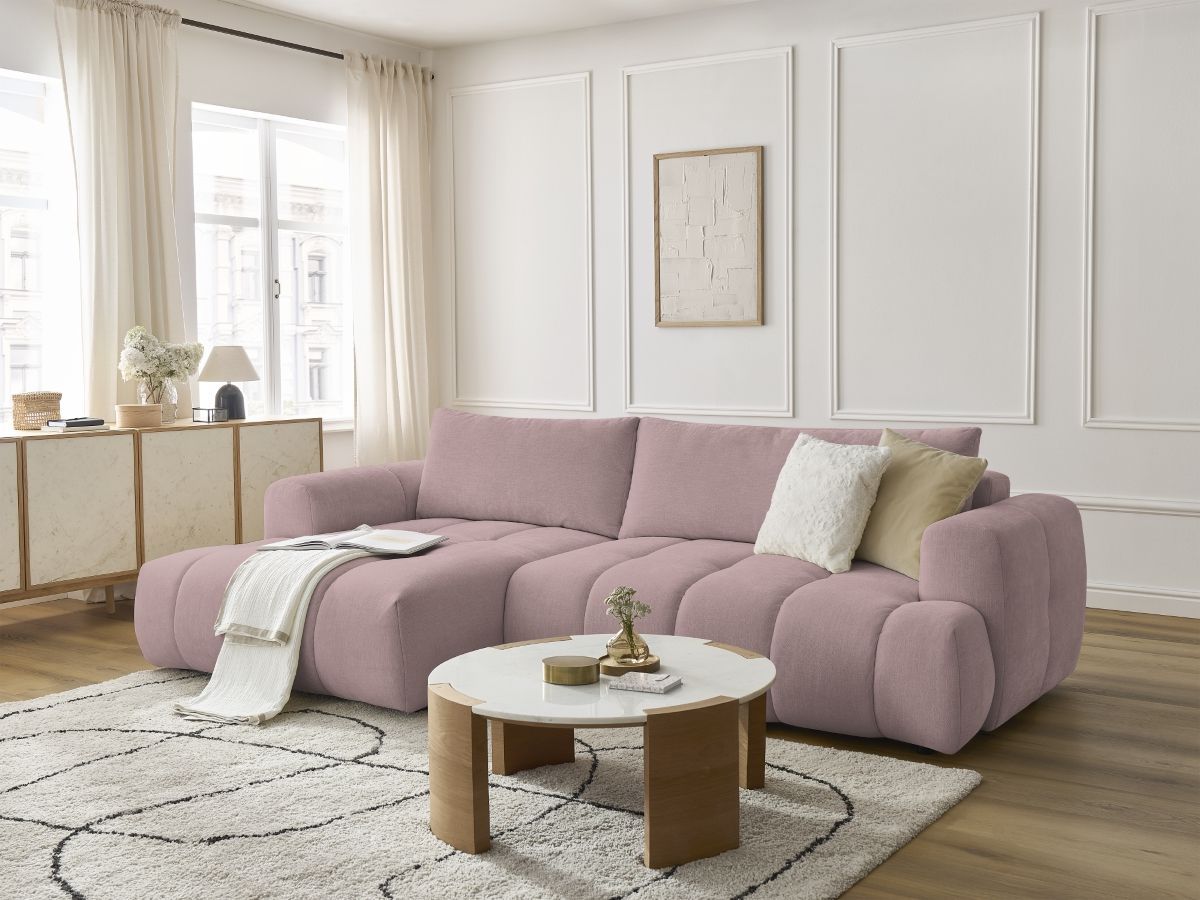 Bobochic Fuji Ecksofa mit Schlaffunktion und Bettkasten 292 × 160 cm Stoff Rosa Ecke links
