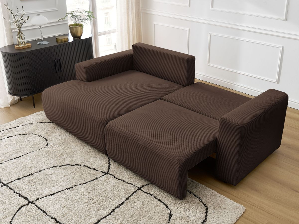 Bobochic Atilla Ecksofa mit Schlaffunktion und Bettkasten Cordsamt Braun Ecke links
