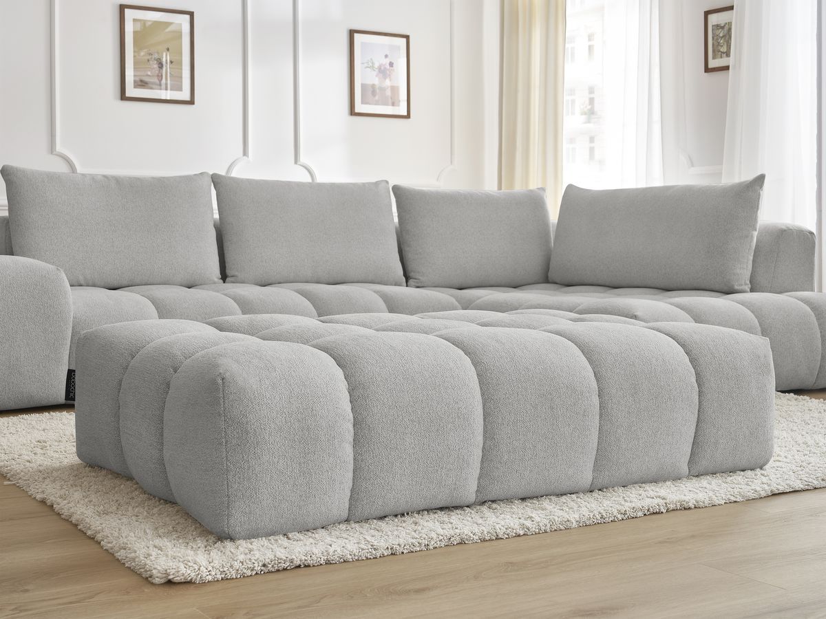 Bobochic Everest Ecksofa mit Schlaffunktion und Pouf, 4 Kissen Melange-Stoff Hellgrau Ecke rechts