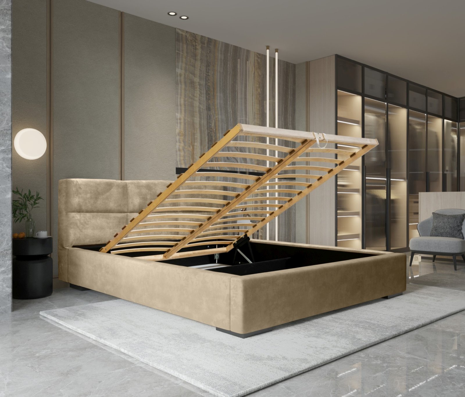 Polsterbett Portoza Samtstoff 180x200 mit Holzrahmen Macau Truffle