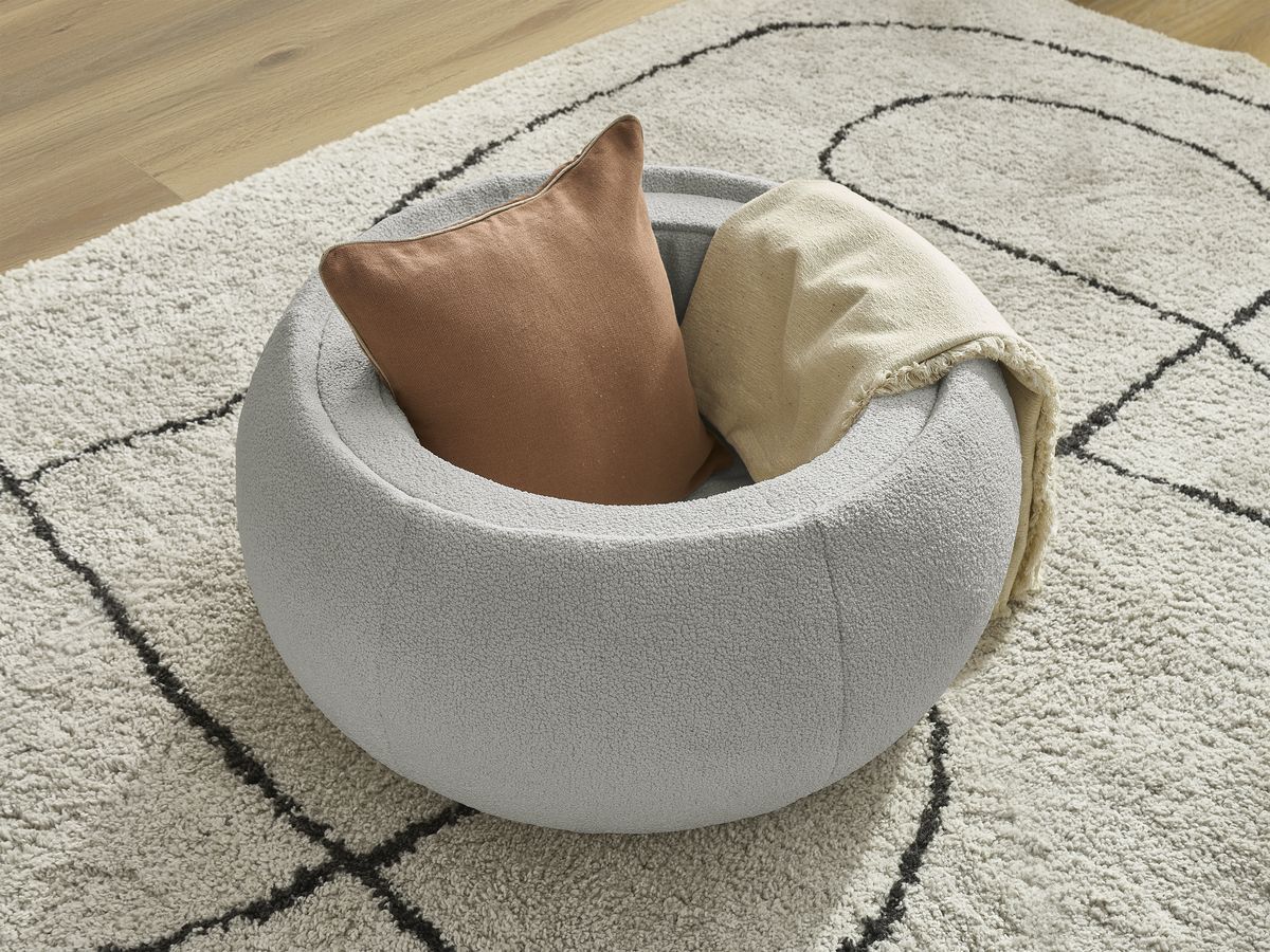 Bobochic Hayden Pouf mit Tablett, rund Bouclé-Stoff Hellgrau, 77 cm