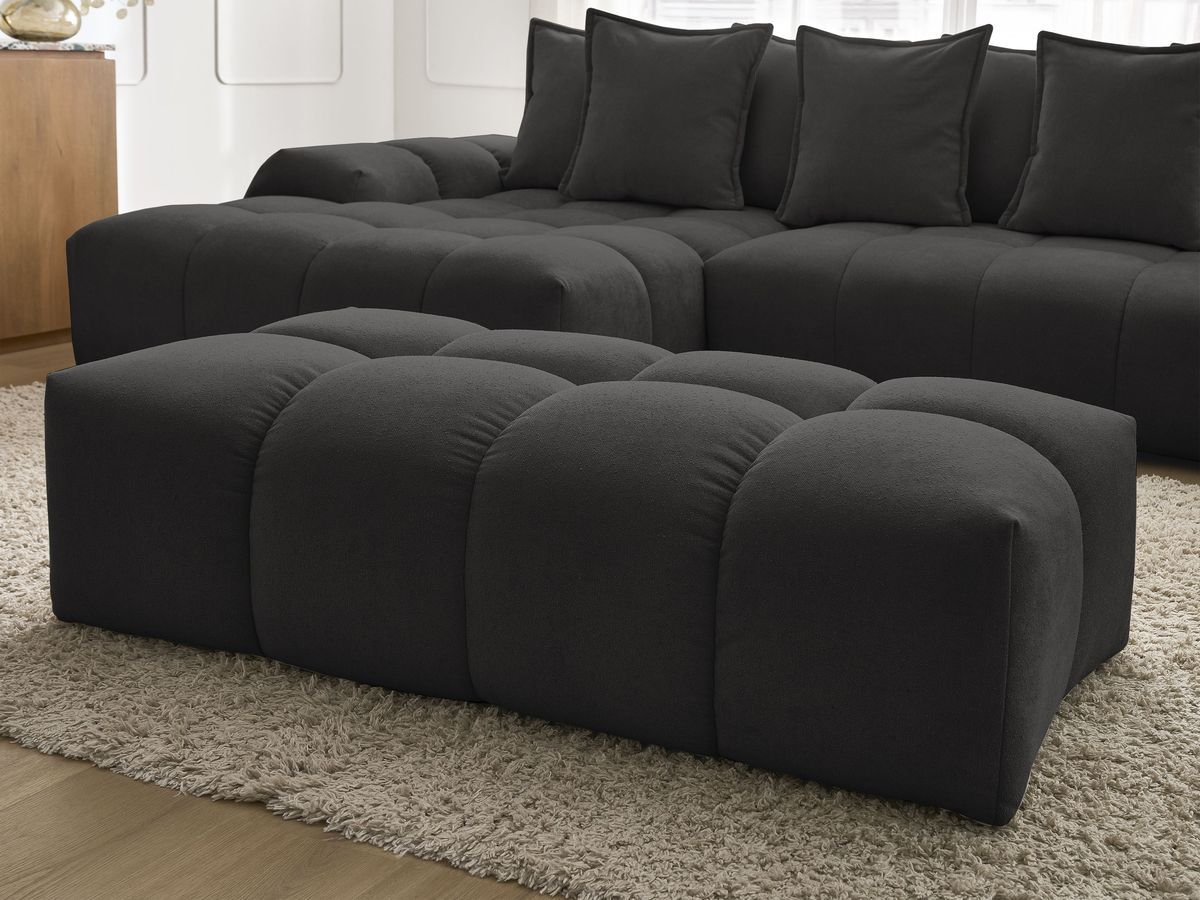 Bobochic Everest Ecksofa mit Schlaffunktion und Bettkasten und Pouf 318 × 180 cm, 7 Kissen Strukturstoff Schwarz Ecke links