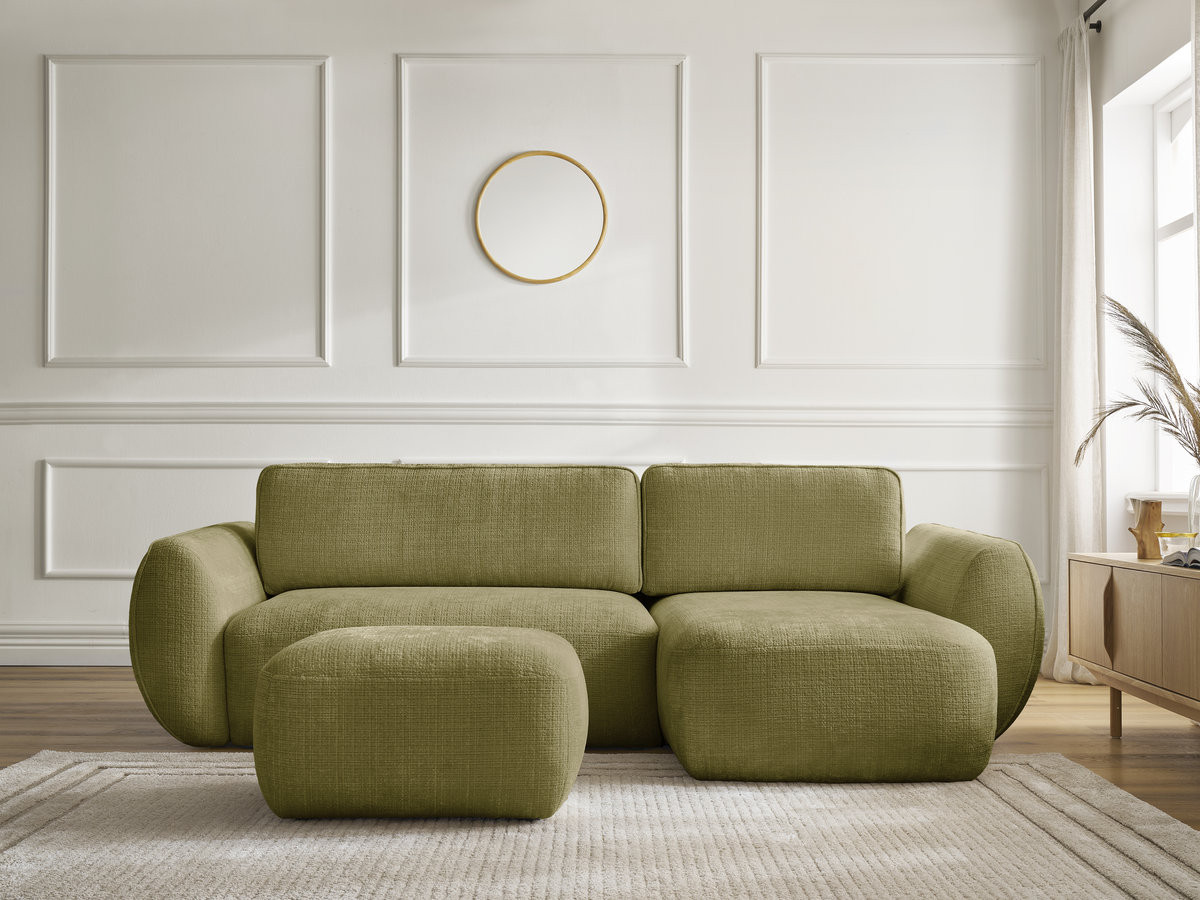 Bobochic Denise Ecksofa mit Schlaffunktion und Bettkasten und Pouf 258 × 160 cm Strukturstoff Grün Ecke rechts