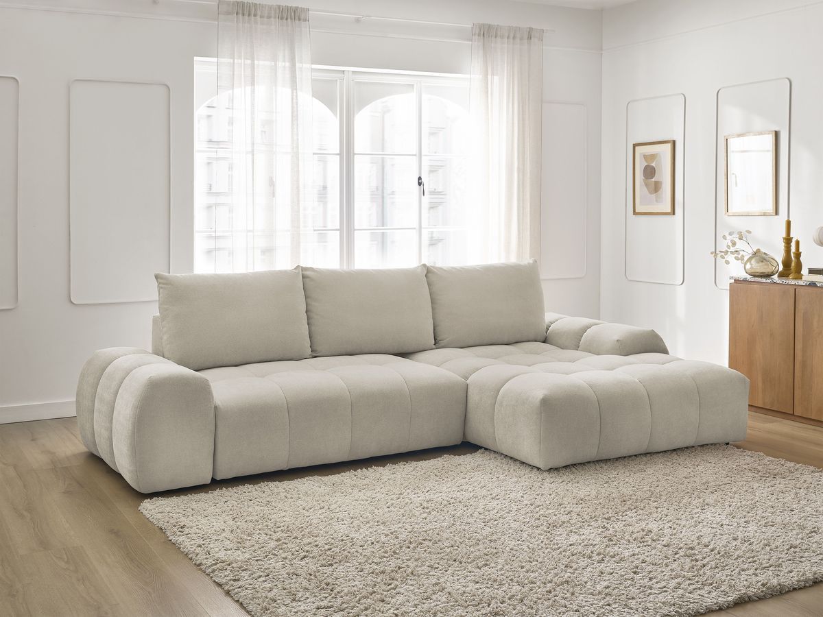Bobochic Everest Ecksofa mit Schlaffunktion und Bettkasten 318 × 180 cm, 3 Kissen Strukturstoff Beige Ecke rechts