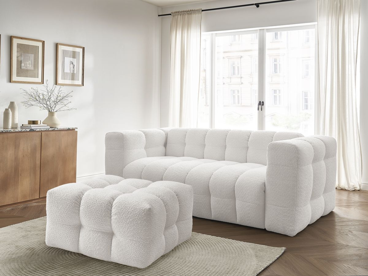 Bobochic Cloud Schlafsofa 3-Sitzer mit Pouf Bouclé-Stoff Weiß