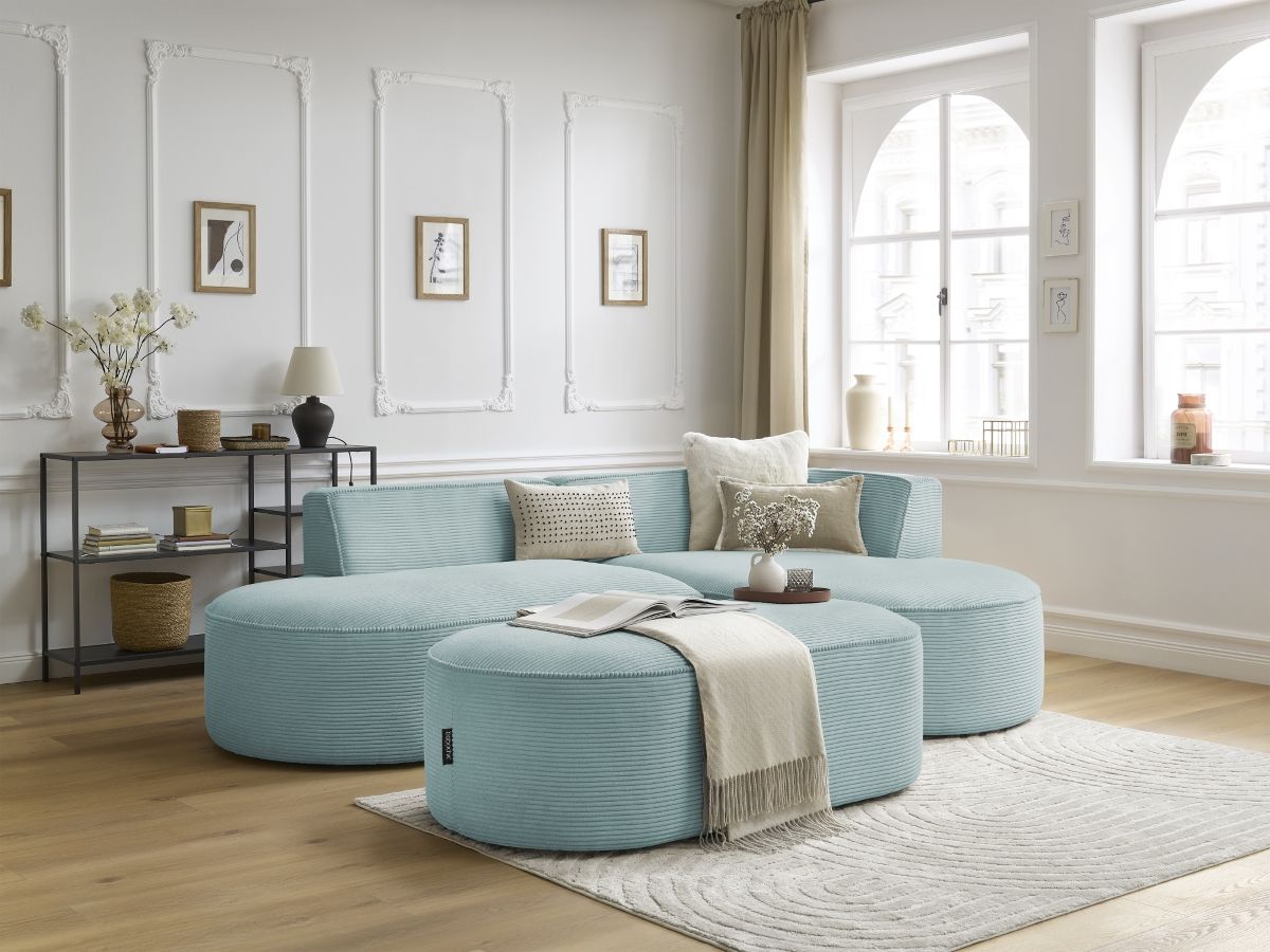 Bobochic Rousseau Ecksofa mit Pouf Cordsamt Hellblau Ecke rechts