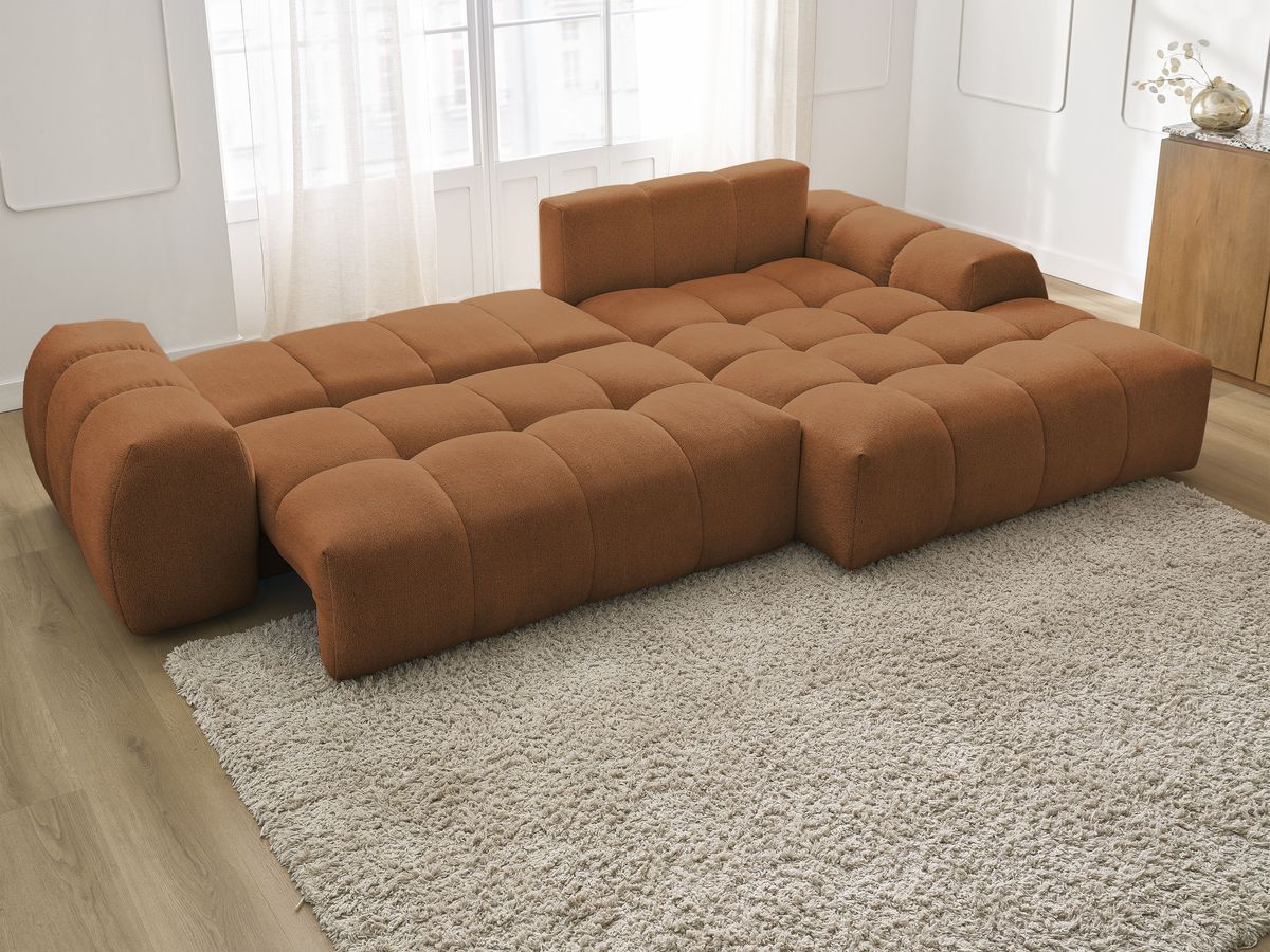 Bobochic Everest Ecksofa mit Schlaffunktion und Bettkasten 318 × 180 cm, 7 Kissen Melange-Stoff Orange Ecke rechts