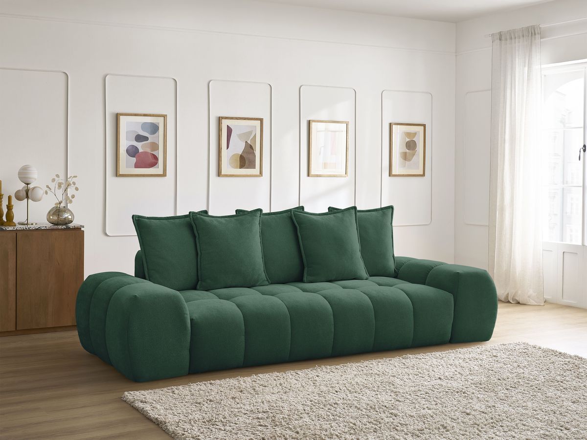 Bobochic Everest Schlafsofa 3-Sitzer mit Bettkasten, 5 Kissen Strukturstoff Grün