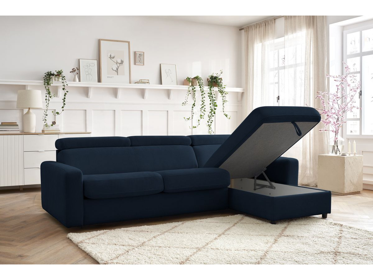 Bobochic Monaco Ecksofa mit Schlaffunktion und Bettkasten Stoff Dunkelblau, Liegefläche 160 × 190 cm