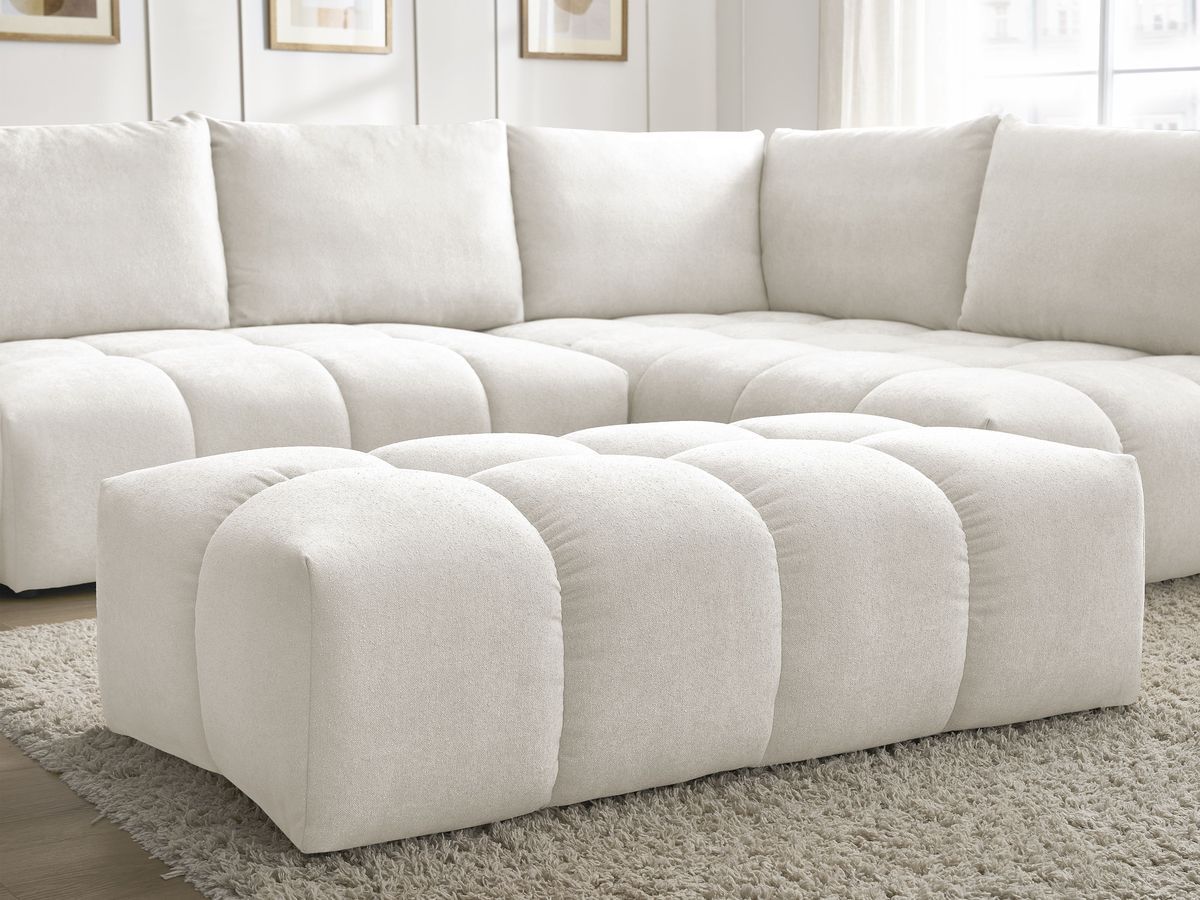 Bobochic Everest Ecksofa mit Schlaffunktion und Bettkasten und Pouf 320 × 212 cm, 5 Kissen Strukturstoff Weiß Ecke rechts