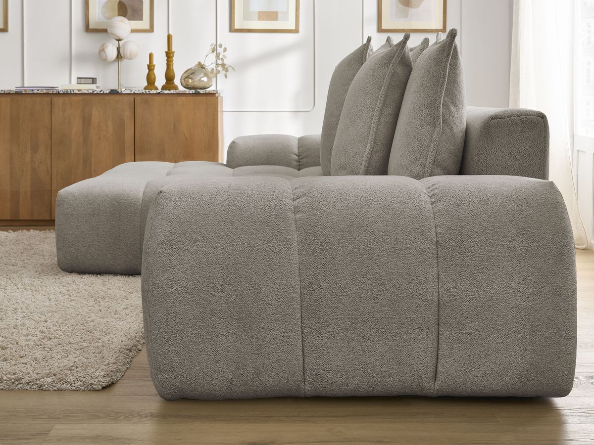Bobochic Everest Ecksofa mit Schlaffunktion und Bettkasten 318 × 180 cm, 7 Kissen Melange-Stoff Taupe Ecke links