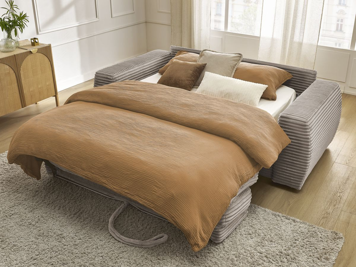 Bobochic Hugo Schlafsofa 3-Sitzer Cordsamt Taupe, Liegefläche 140 × 190 cm