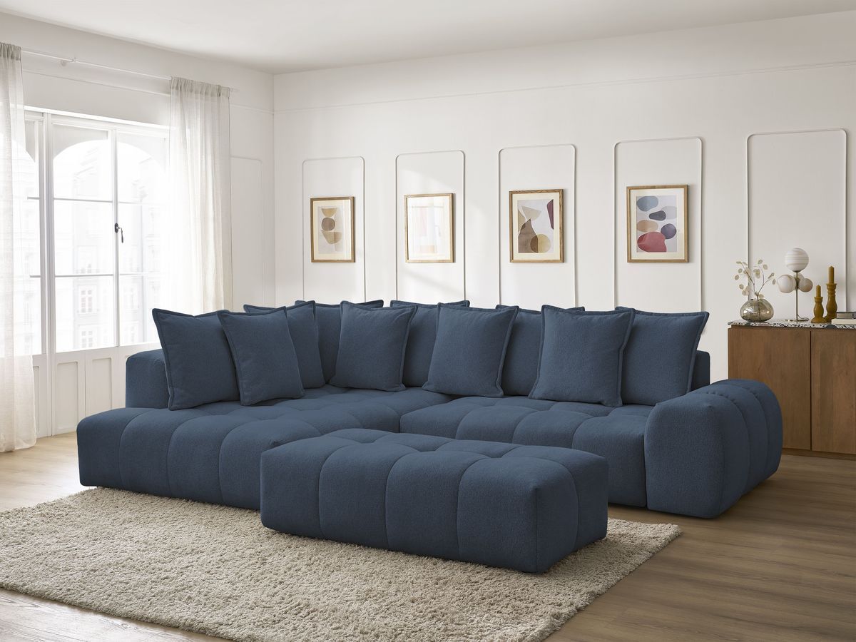 Bobochic Everest Ecksofa mit Schlaffunktion und Bettkasten und Pouf 320 × 212 cm, 10 Kissen Melange-Stoff Dunkelblau Ecke links