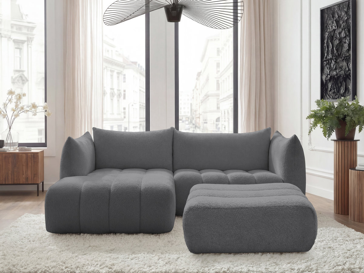Bobochic Azra Ecksofa mit Pouf 262 × 178 cm Bouclé-Stoff Dunkelgrau Ecke links