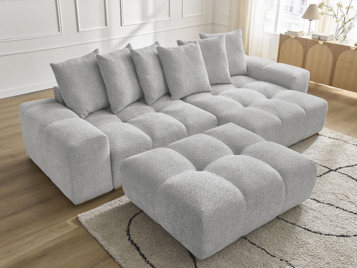 Bobochic Anakin Ecksofa mit Pouf, 6 Kissen Bouclé-Stoff Hellgrau