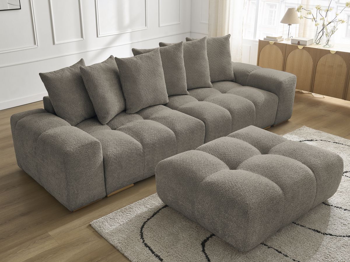 Bobochic Anakin Sofa 3-Sitzer mit Pouf, 6 Kissen Bouclé-Stoff Taupe