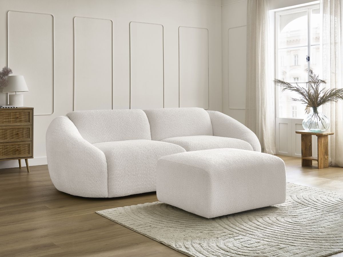 Bobochic Tina Sofa 4-Sitzer mit Pouf Bouclé-Stoff Weiß