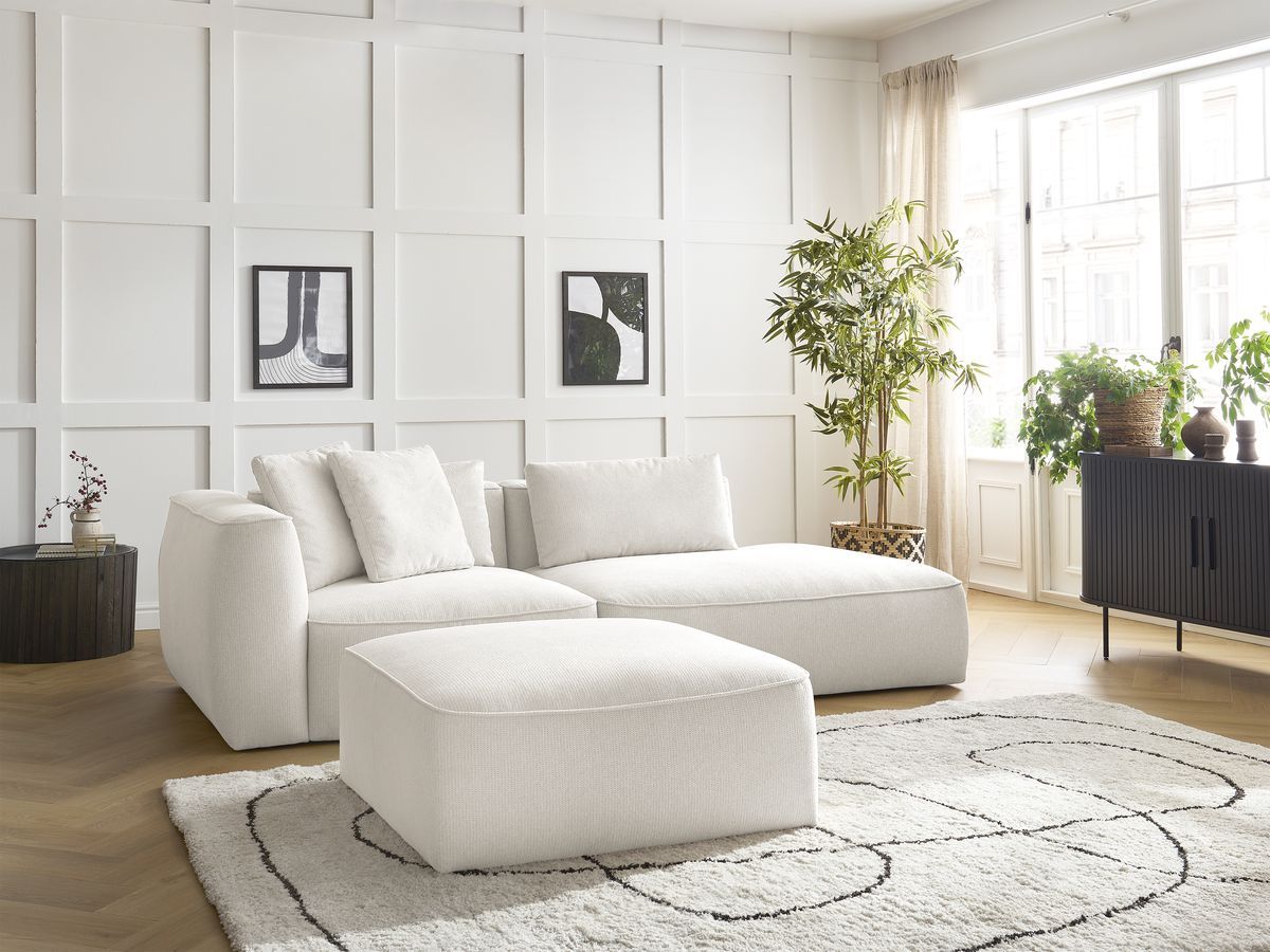 Bobochic Leopold Sofa 4-Sitzer mit Pouf Melange-Stoff Weiß Armlehne links