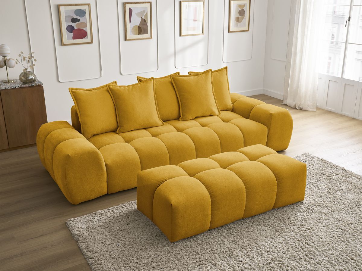 Bobochic Everest Sofa 3-Sitzer mit Pouf, 5 Kissen Strukturstoff Gelb