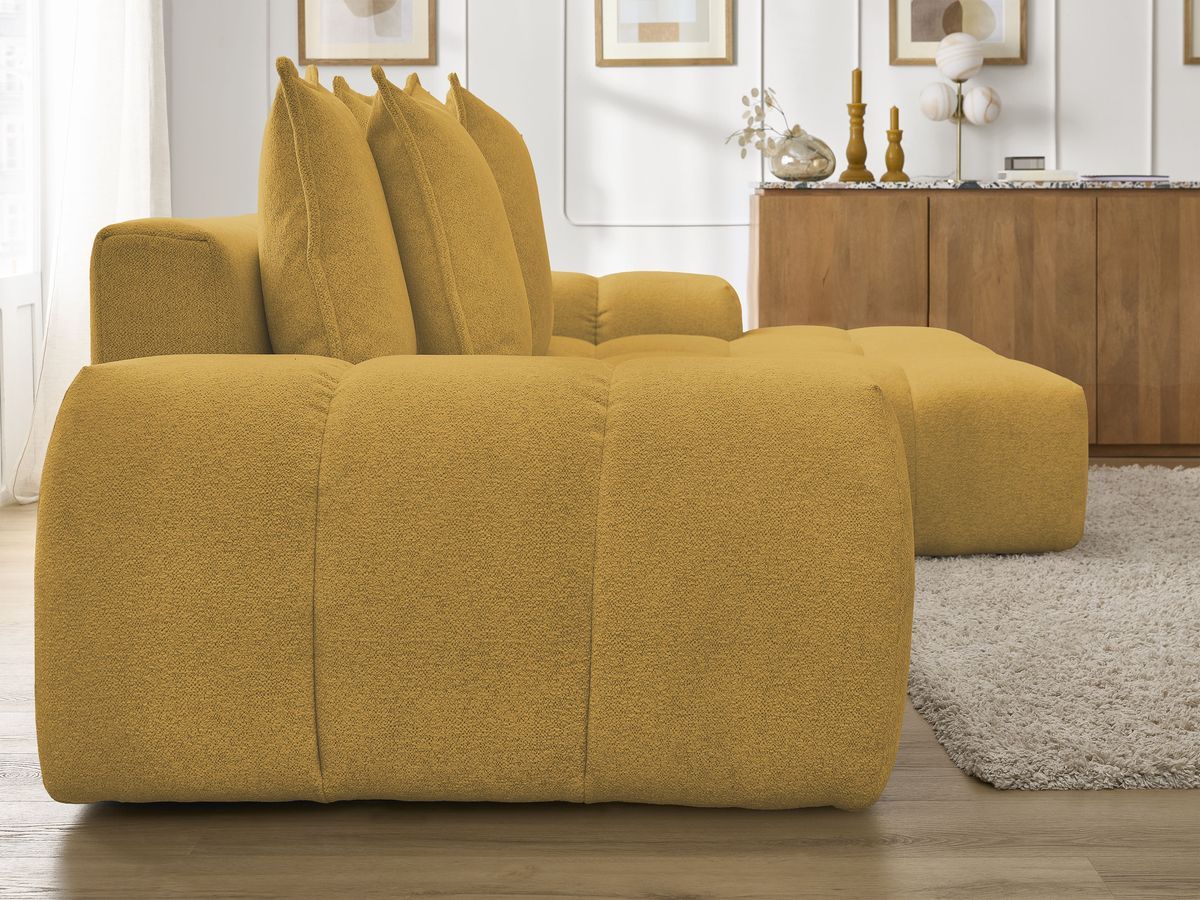 Bobochic Everest Ecksofa mit Schlaffunktion und Bettkasten 318 × 180 cm, 7 Kissen Melange-Stoff Gelb Ecke rechts