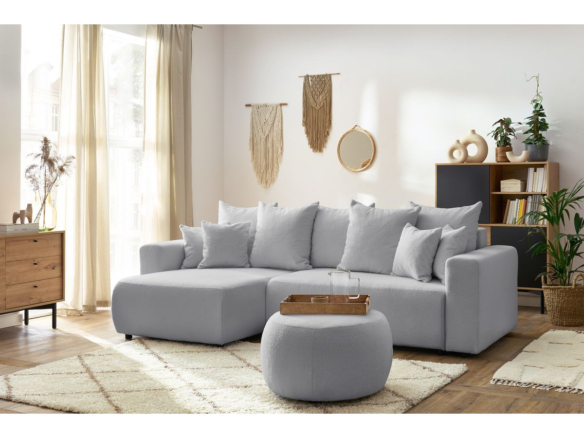 Bobochic Envy Ecksofa mit Schlaffunktion und Bettkasten und rundem Pouf Bouclé-Stoff Hellgrau