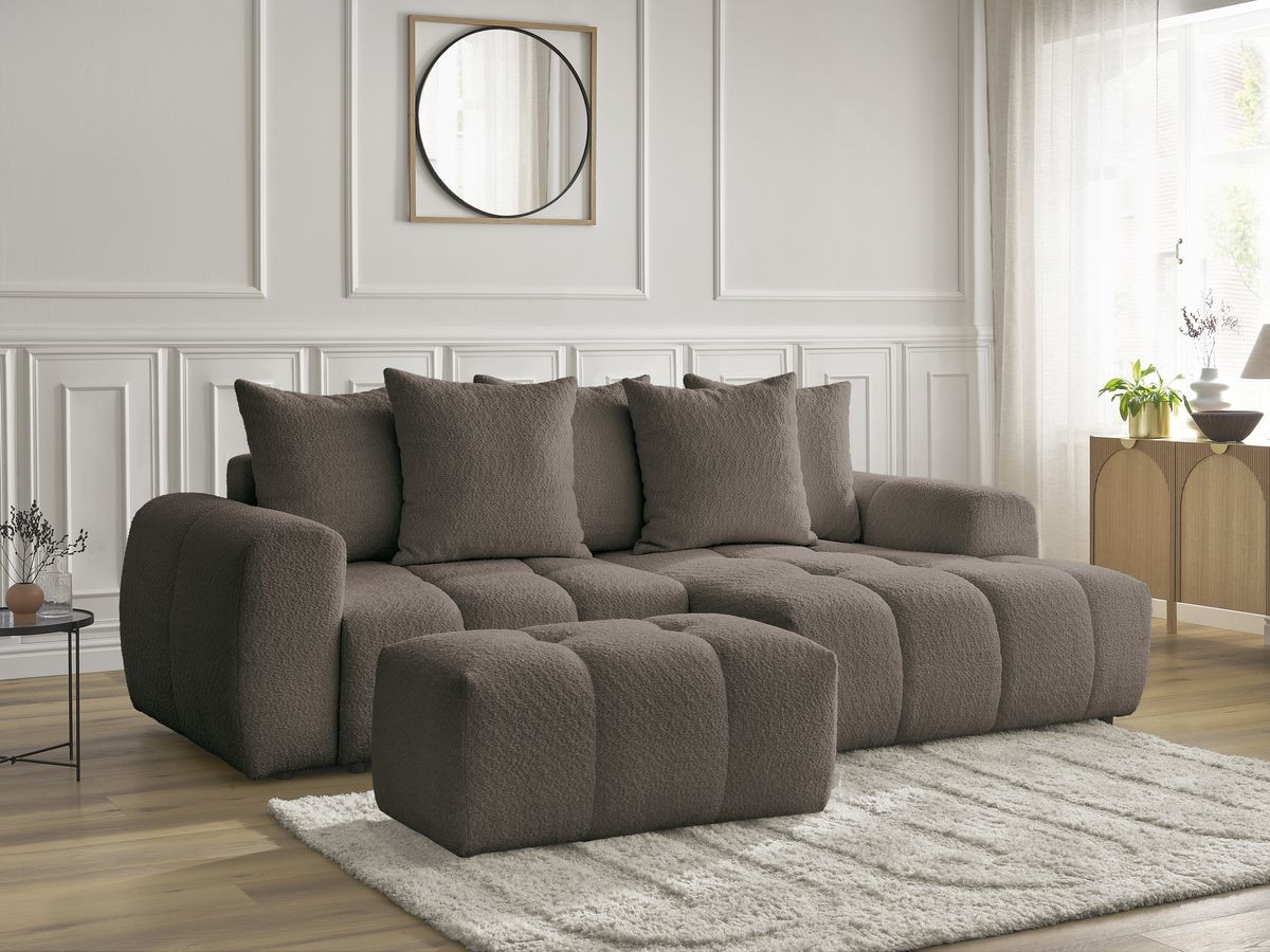 Bobochic Roxelane Ecksofa mit Schlaffunktion und Bettkasten und Pouf 258 × 150 cm Bouclé-Stoff Braun Ecke rechts