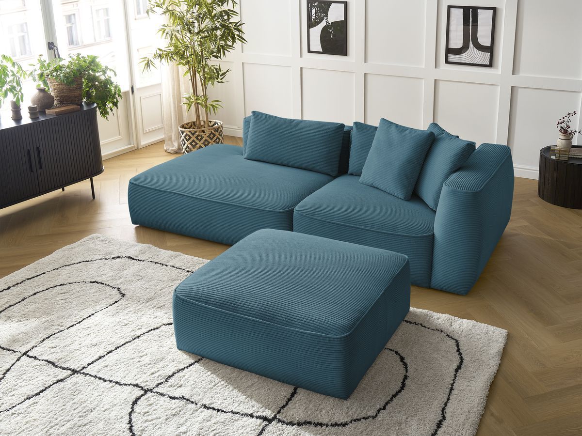 Bobochic Leopold Sofa 4-Sitzer mit Pouf Cordsamt Hellblau Armlehne rechts