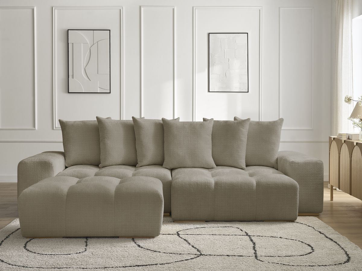 Bobochic Anakin Ecksofa mit Schlaffunktion und Bettkasten und Pouf, 6 Kissen Strukturstoff Taupe