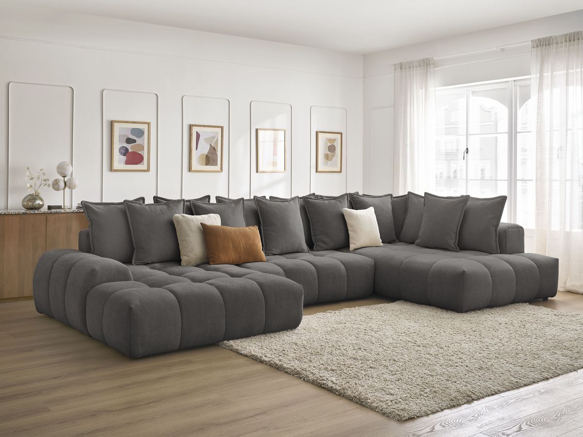 Bobochic Everest Wohnlandschaft, 14 Kissen Strukturstoff Dunkelgrau Ecke links