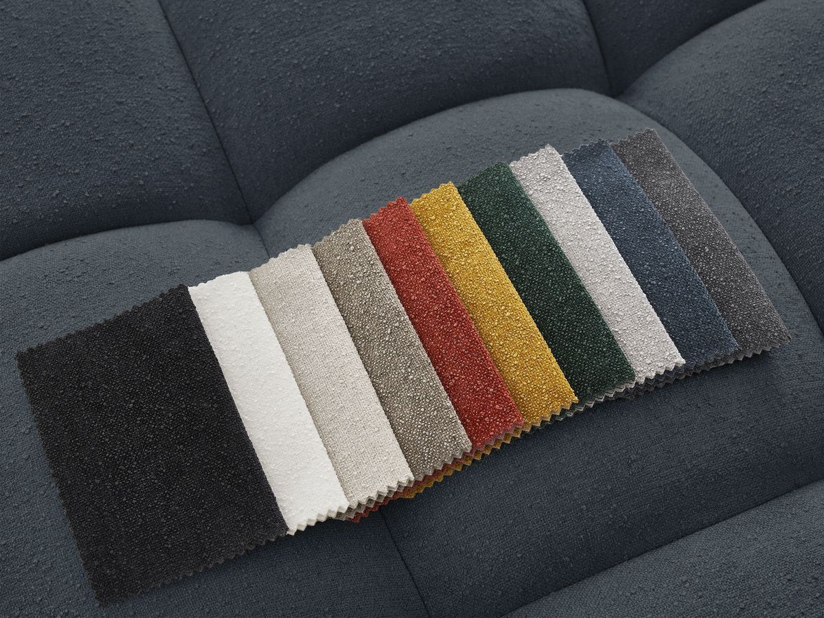 Bobochic Everest Ecksofa mit Schlaffunktion und Bettkasten und Pouf 320 × 212 cm, 5 Kissen Strukturstoff Dunkelblau Ecke links