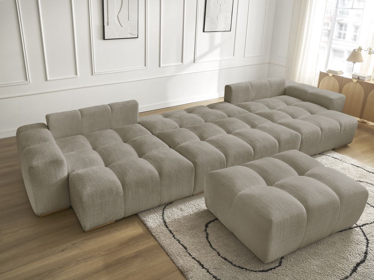 Bobochic Anakin Wohnlandschaft mit Pouf, Liegefläche 137 × 382 cm, 3 Kissen Strukturstoff Taupe