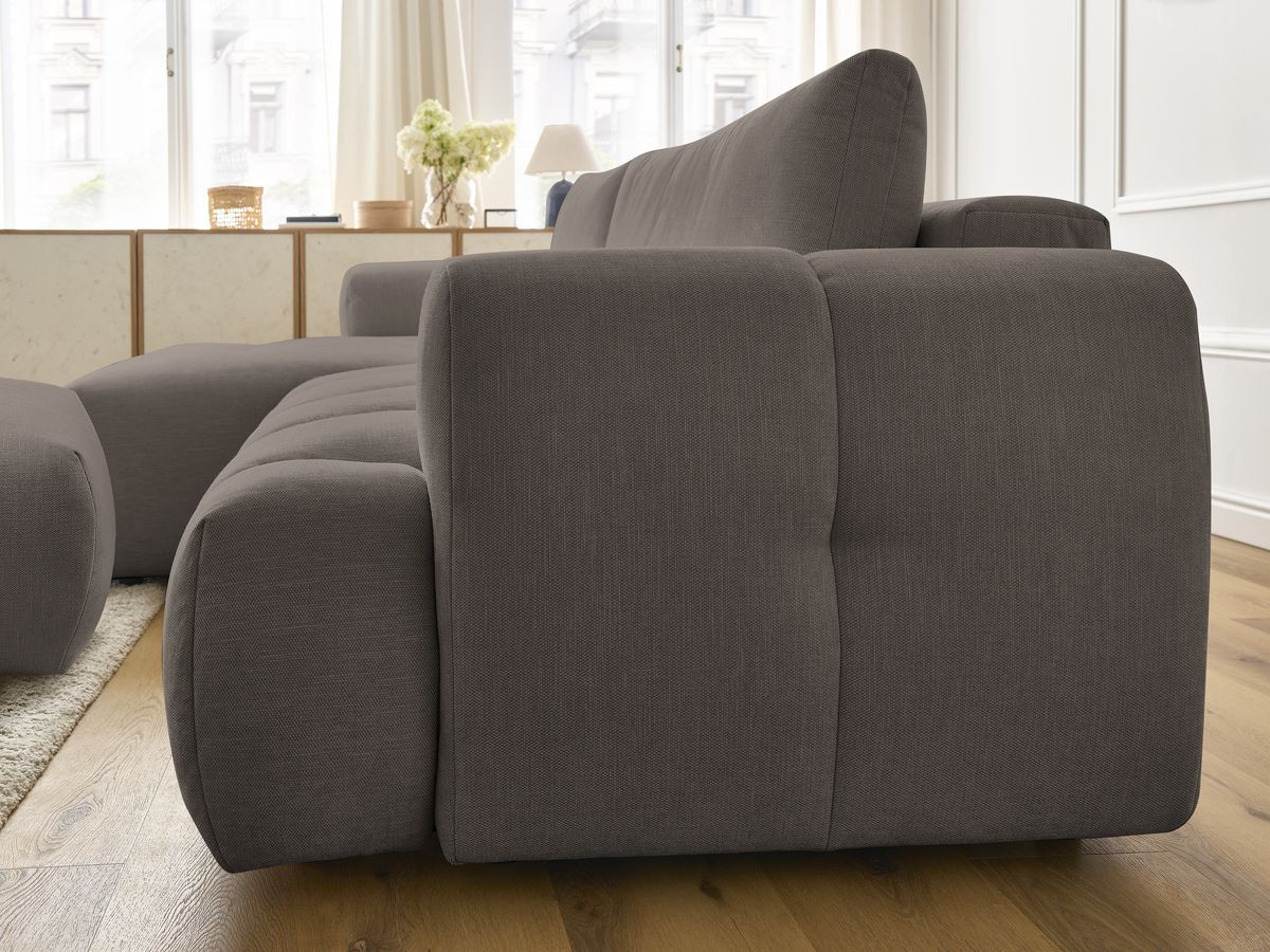 Bobochic Fuji Ecksofa mit Schlaffunktion und Bettkasten und Pouf 292 × 160 cm Stoff Taupe Ecke links