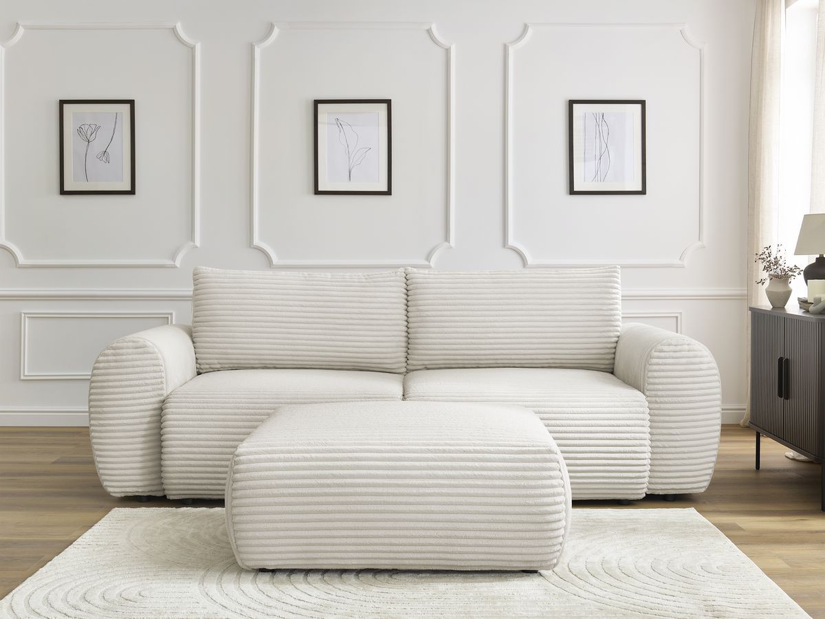 Bobochic Lucien Schlafsofa 4-Sitzer mit Bettkasten und Pouf Breitcord weich Beige