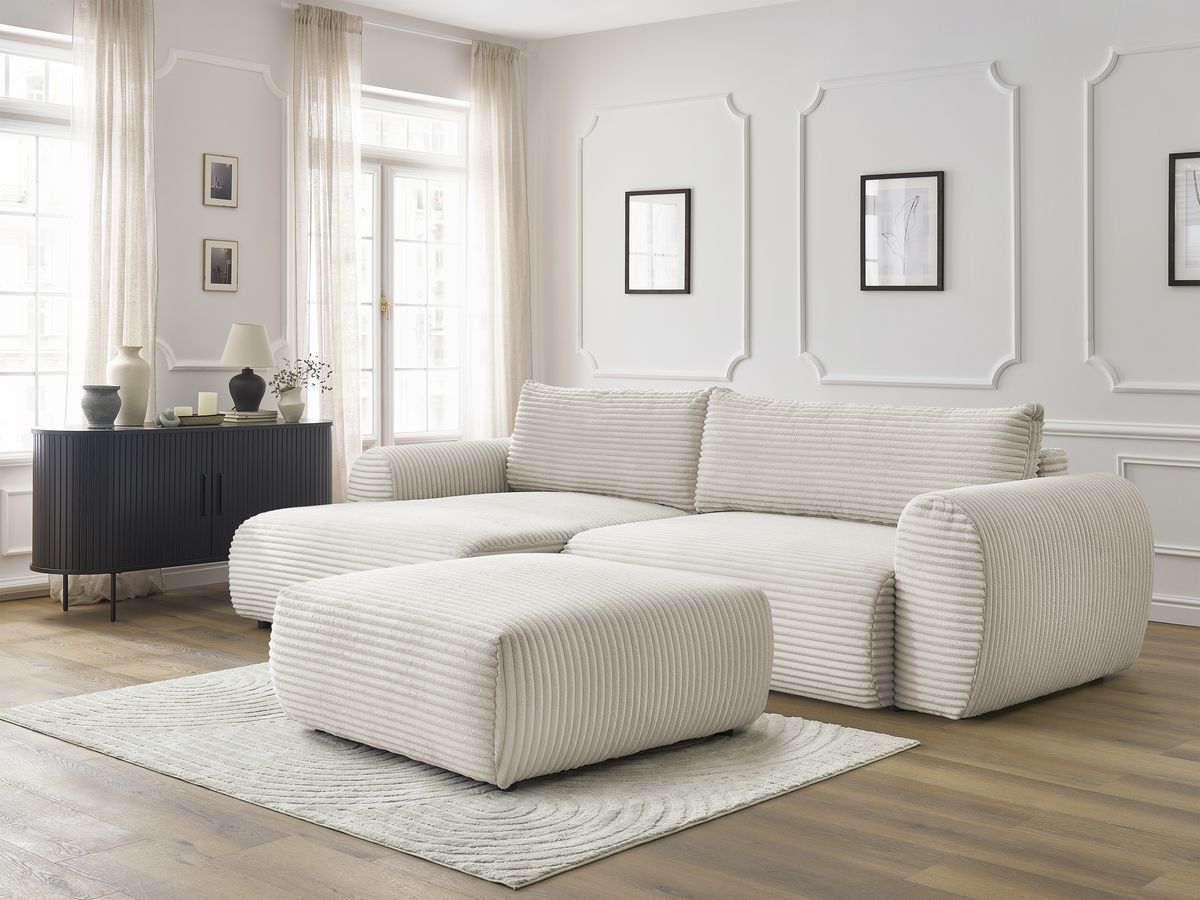 Bobochic Lucien Ecksofa mit Schlaffunktion und Bettkasten und Pouf 314 × 167 cm Breitcord weich Beige Ecke links
