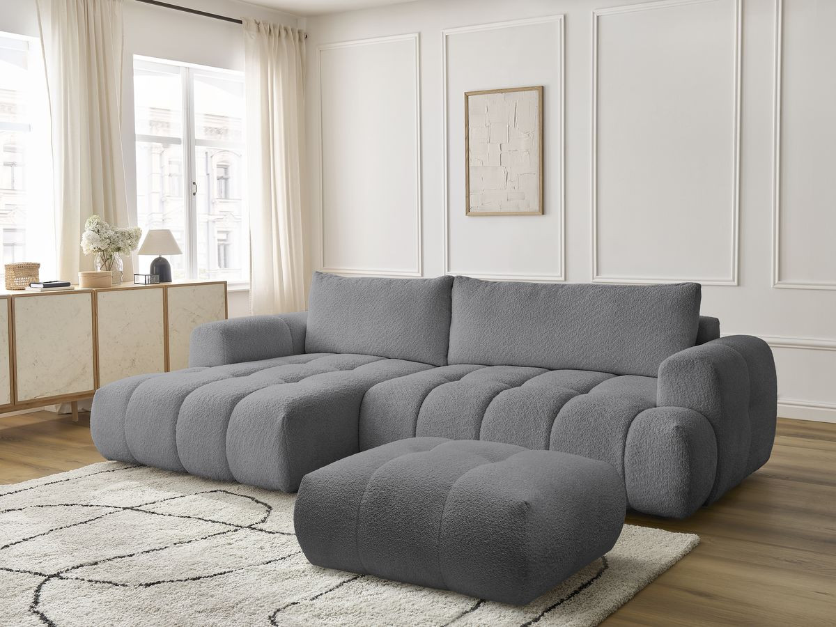 Bobochic Fuji Ecksofa mit Schlaffunktion und Bettkasten und Pouf 292 × 160 cm Bouclé-Stoff Dunkelgrau Ecke links