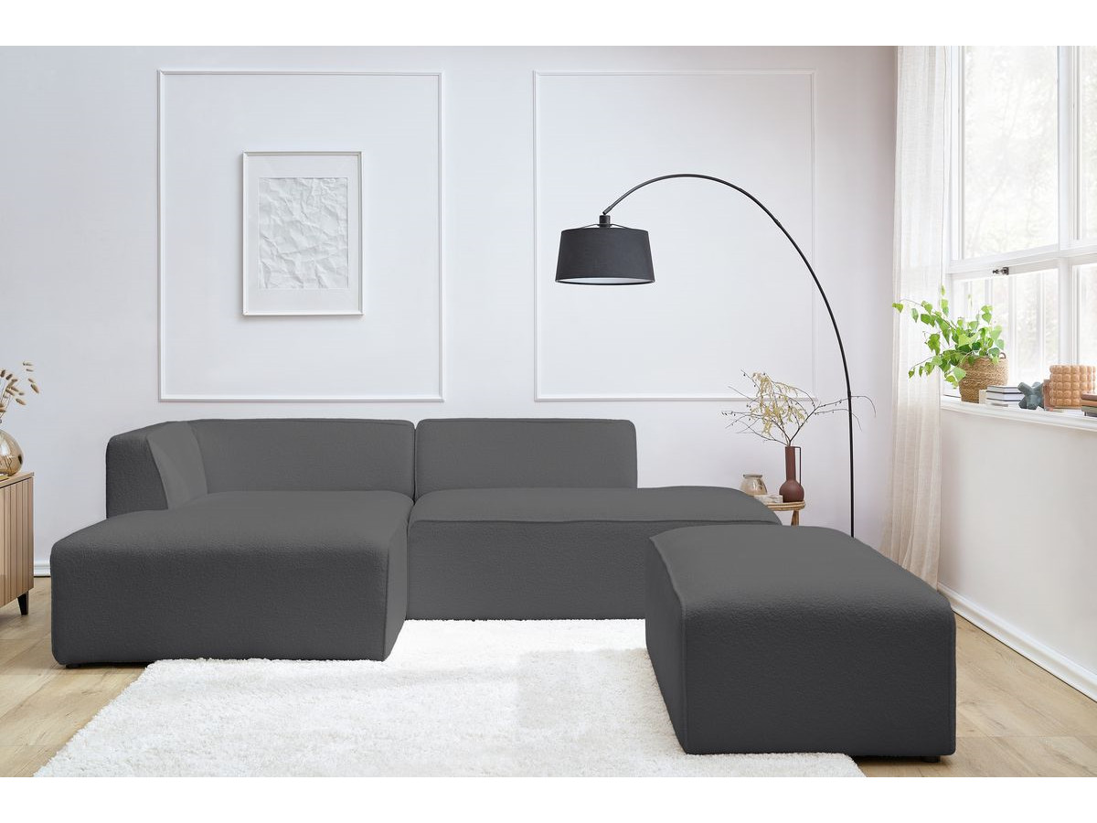 Bobochic Megeve Ecksofa mit Schlaffunktion und Pouf Bouclé-Stoff Dunkelgrau Ecke links