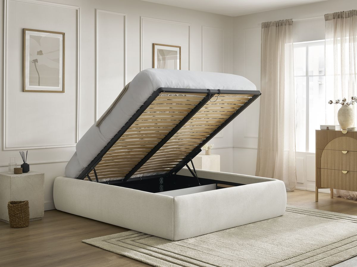Bobochic Inera Bettgestell mit Bettkasten, ohne Kopfteil Stoff Beige, Liegefläche 160 × 200 cm