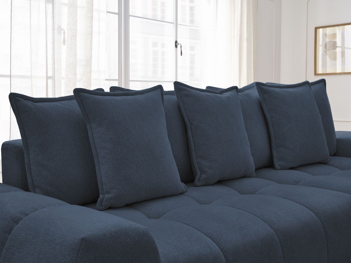 Bobochic Everest Ecksofa mit Schlaffunktion und Bettkasten 318 × 180 cm, 7 Kissen Melange-Stoff Dunkelblau Ecke rechts