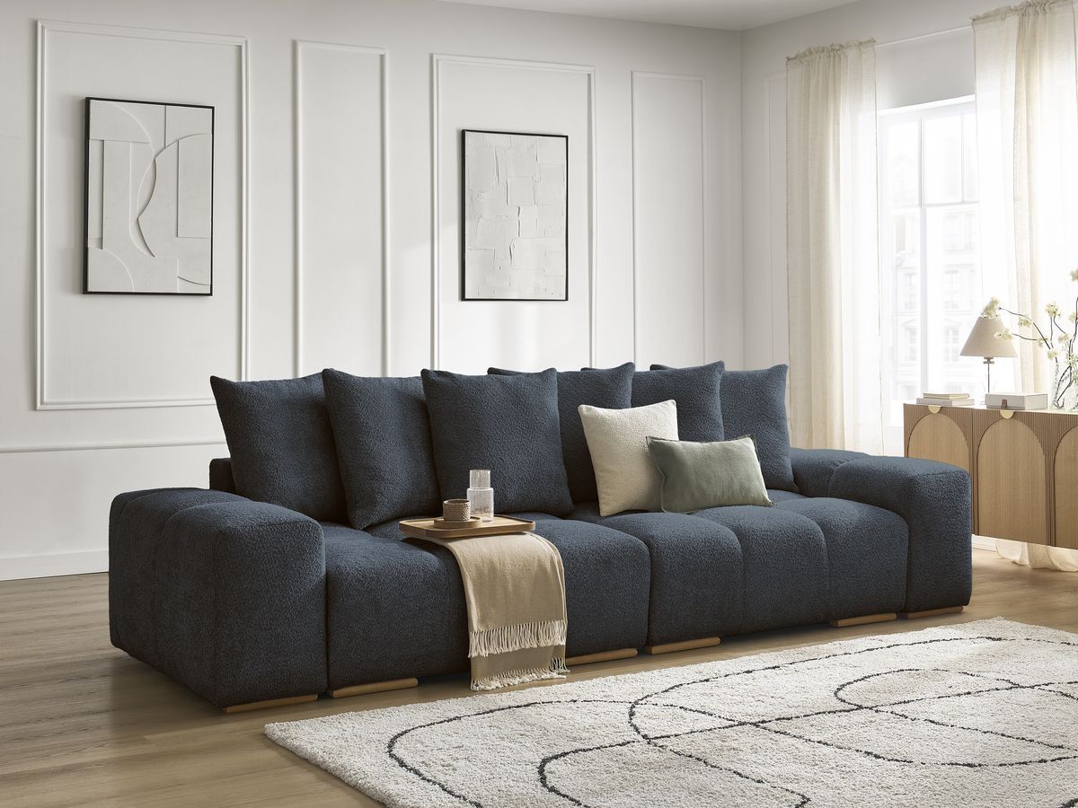 Bobochic Anakin Schlafsofa 3-Sitzer mit Bettkasten, 6 Kissen Bouclé-Stoff Dunkelblau