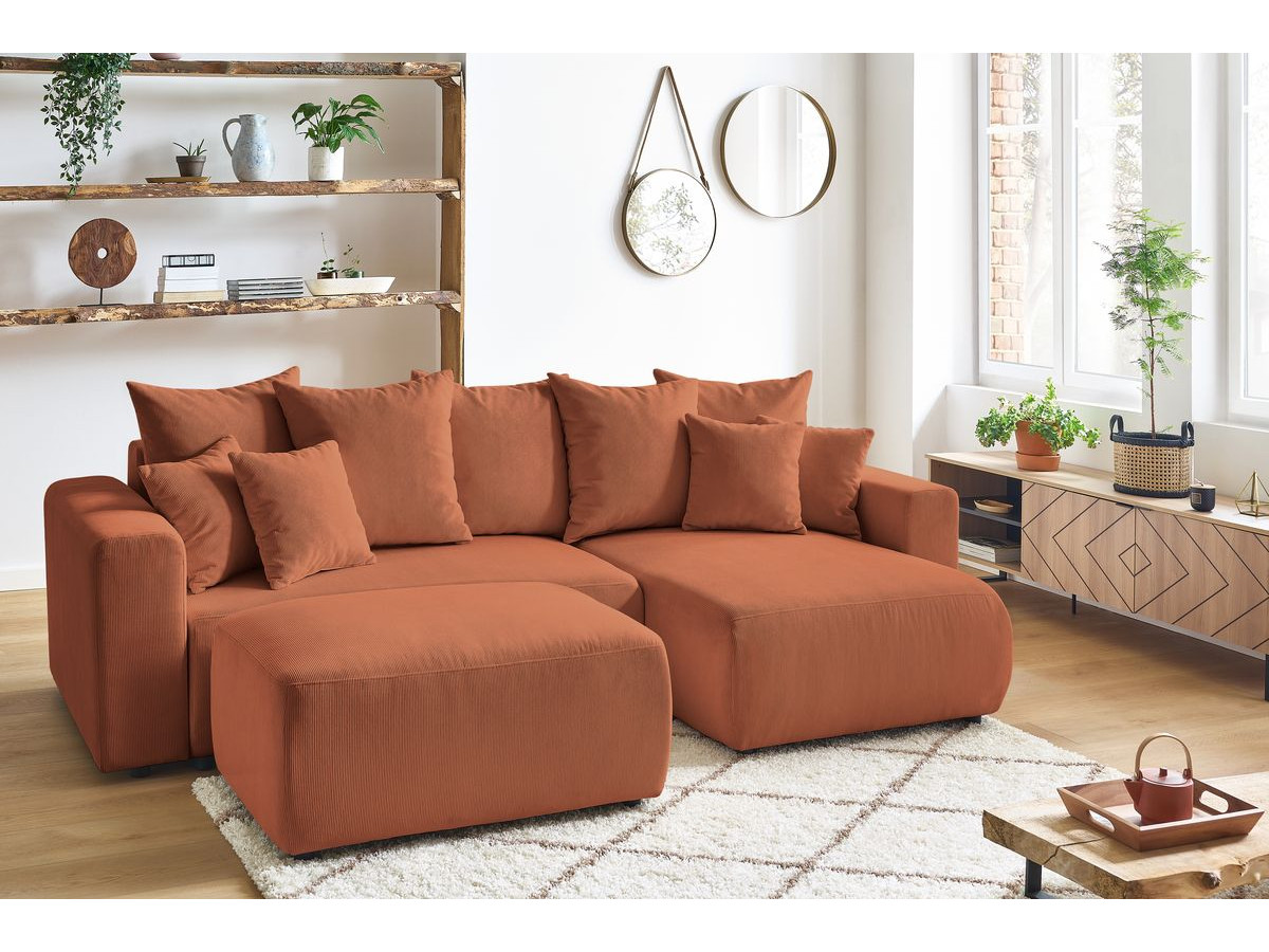 Bobochic Envy Ecksofa mit Schlaffunktion und Bettkasten und Pouf Cordsamt Orange