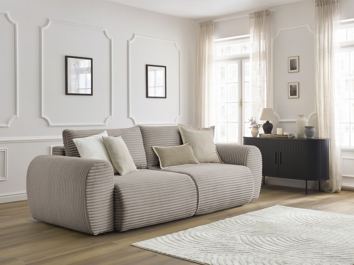 Bobochic Lucien Schlafsofa 3-Sitzer mit Bettkasten Breitcord weich Taupe