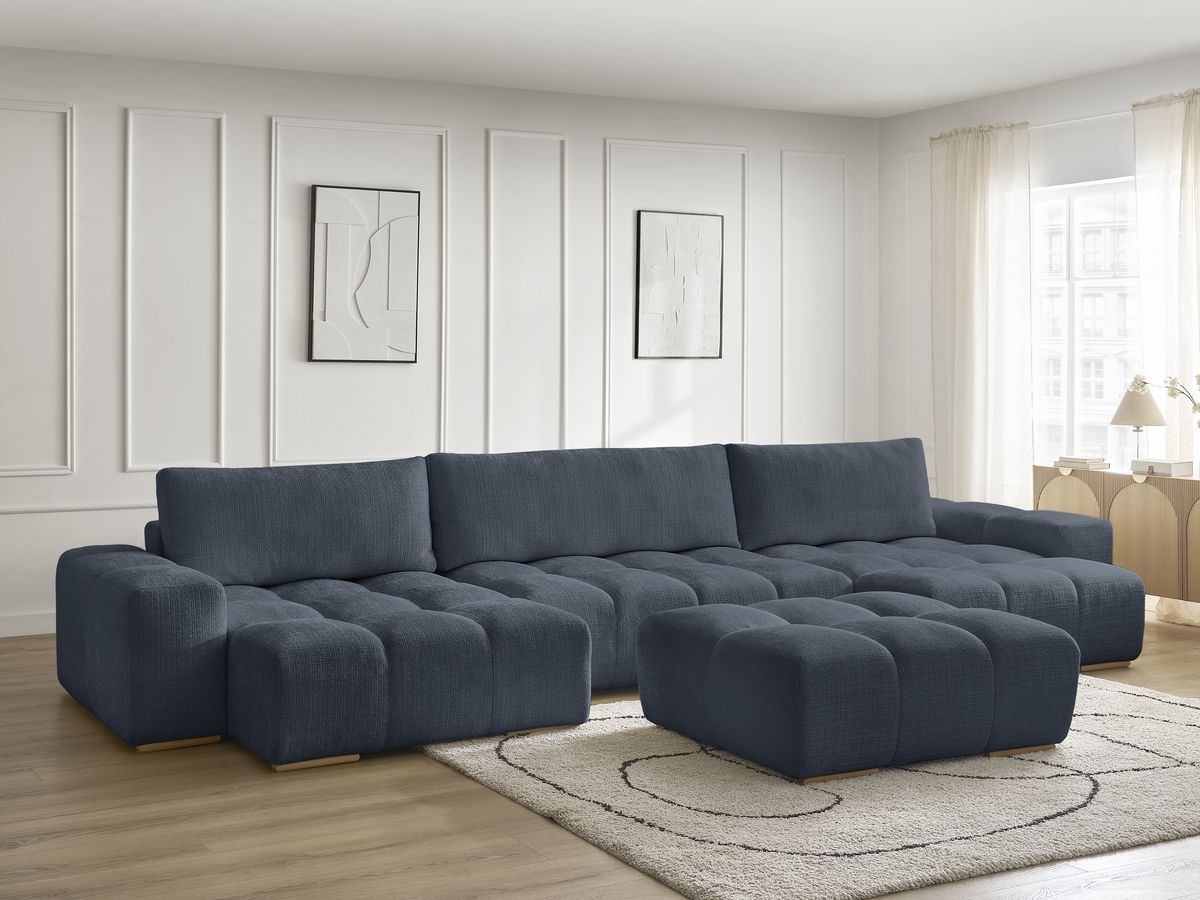 Bobochic Anakin Wohnlandschaft mit Pouf, Liegefläche 137 × 382 cm, 3 Kissen Strukturstoff Dunkelblau