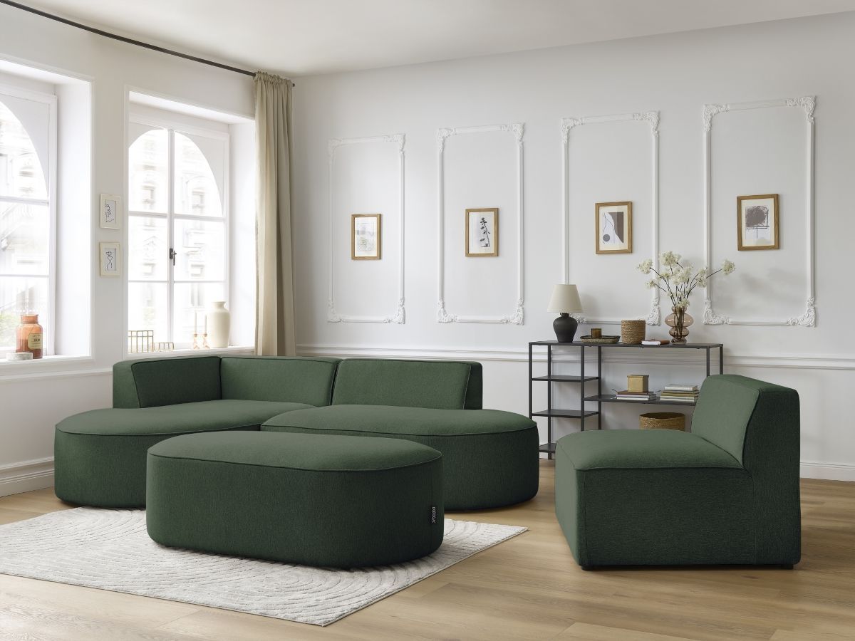 Bobochic Rousseau Ecksofa mit Sofamodul und Pouf Melange-Stoff Grün Ecke links
